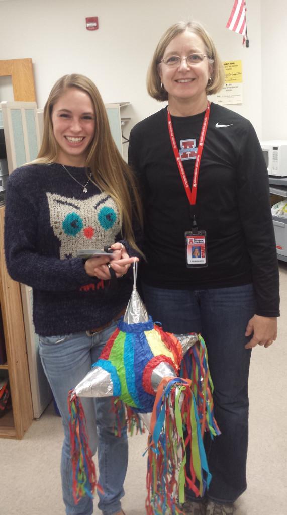 Spanish teacher Terry Nuemann-Hayes and senior Caroline Bong were one of the winners in the Food drive contest at Arrowhead High School