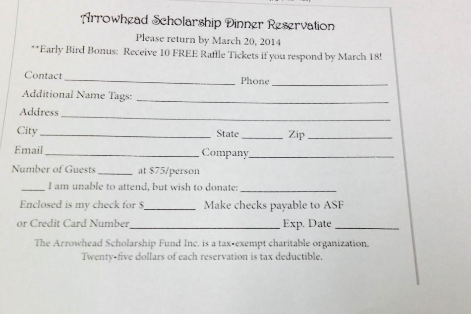 Parents RSVP for the Arrowhead Scholarship Fund Dinner to raise money to give Arrowhead graduates scholarships.