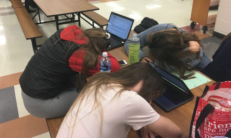 Arrowhead Sophomores Audrey Koller, Gabbi Pancheri, and Sidney Heinitz sleeping during their study hall due to lack of sleep at night