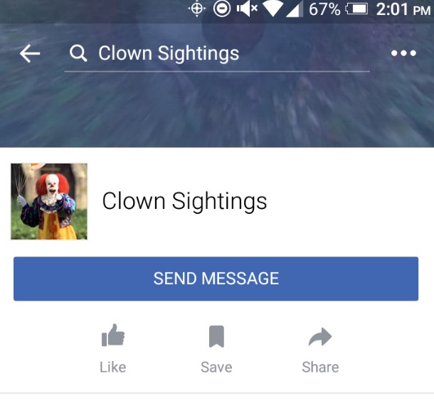 A picture of social media clown sightings on Facebook.