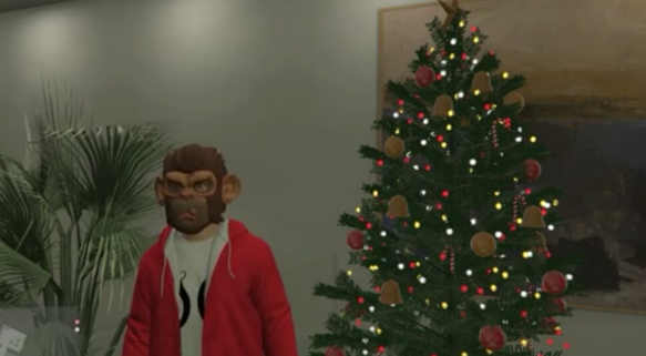 Picture of the Christmas tree and one of many outfits found in the game. 