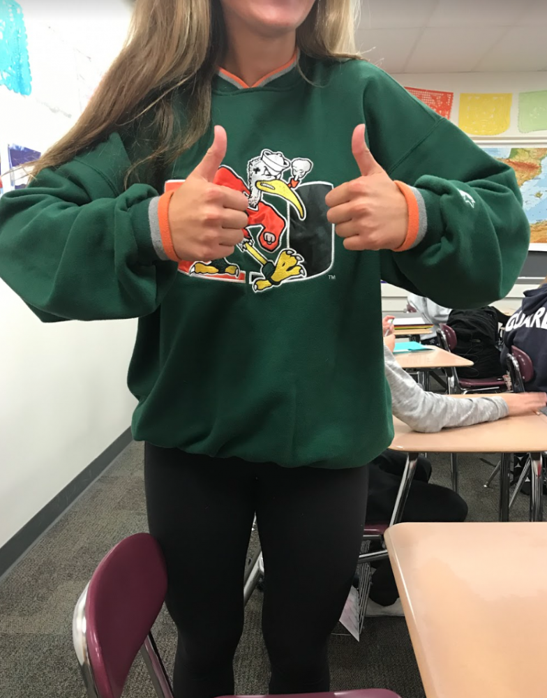 Student Lauren Buffington shows her school spirit with a college sweatshirt.