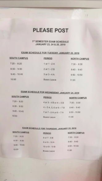 Exam schedules like this one are posted in most classrooms. This one is hanging in the south campus gym.