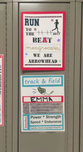 Emma Mengwassers locker is decorated from cross country season, in the fall, and track season, in the spring. 