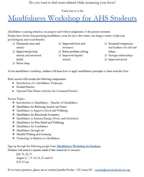 2018 Summer Mindfulness Workshop Offered for AHS Students