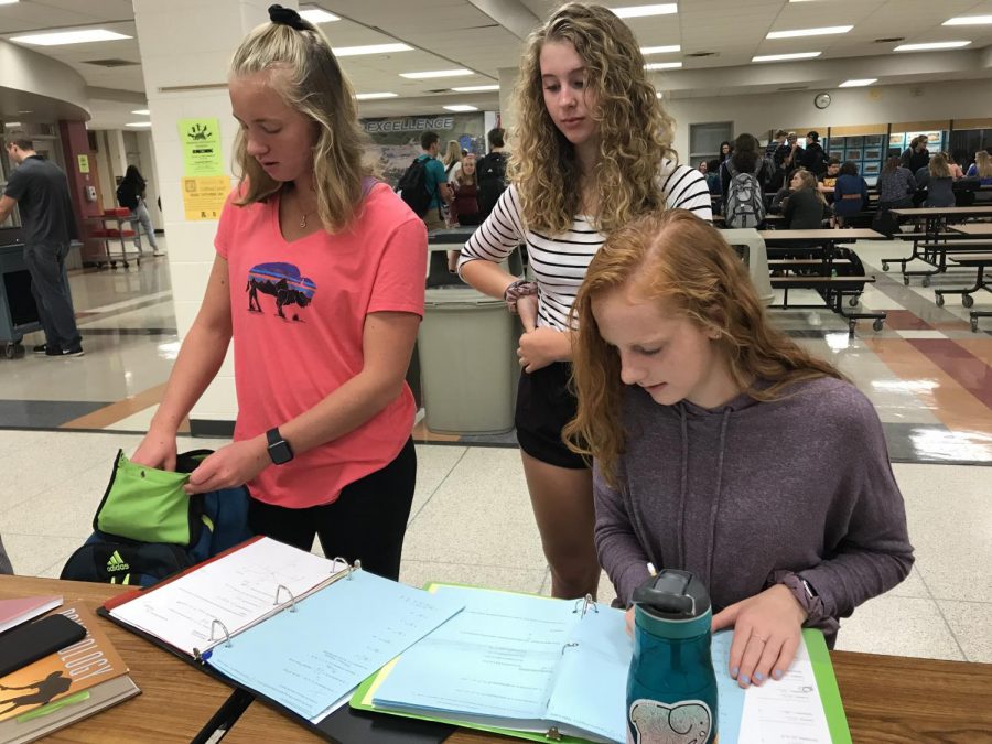 Arrowhead juniors, Lily Stemper, Alli Hofkamp, and Kendall Fullerton, work together to solve a math problem. 