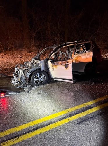 The aftermath of Mr. Martis' car showing the wreckage after being fully engulfed in flames. 